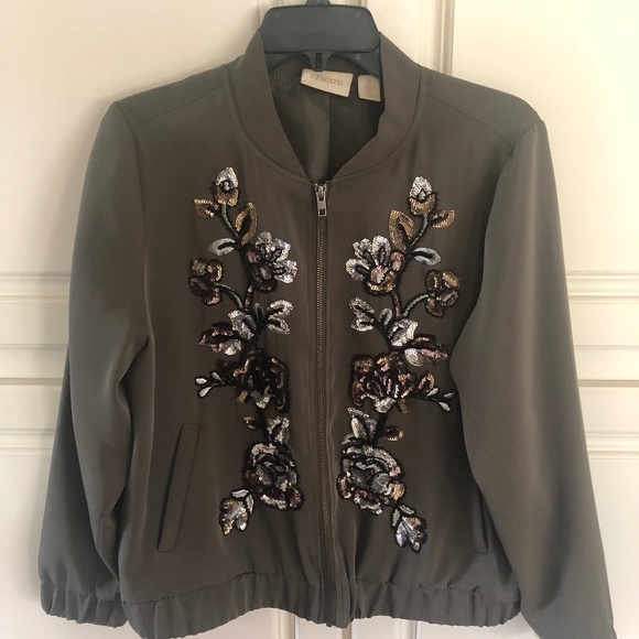 Lightweight bomber jacket.  Chico"s size 1.  Bling. Olive green. - Picture 1 of 7